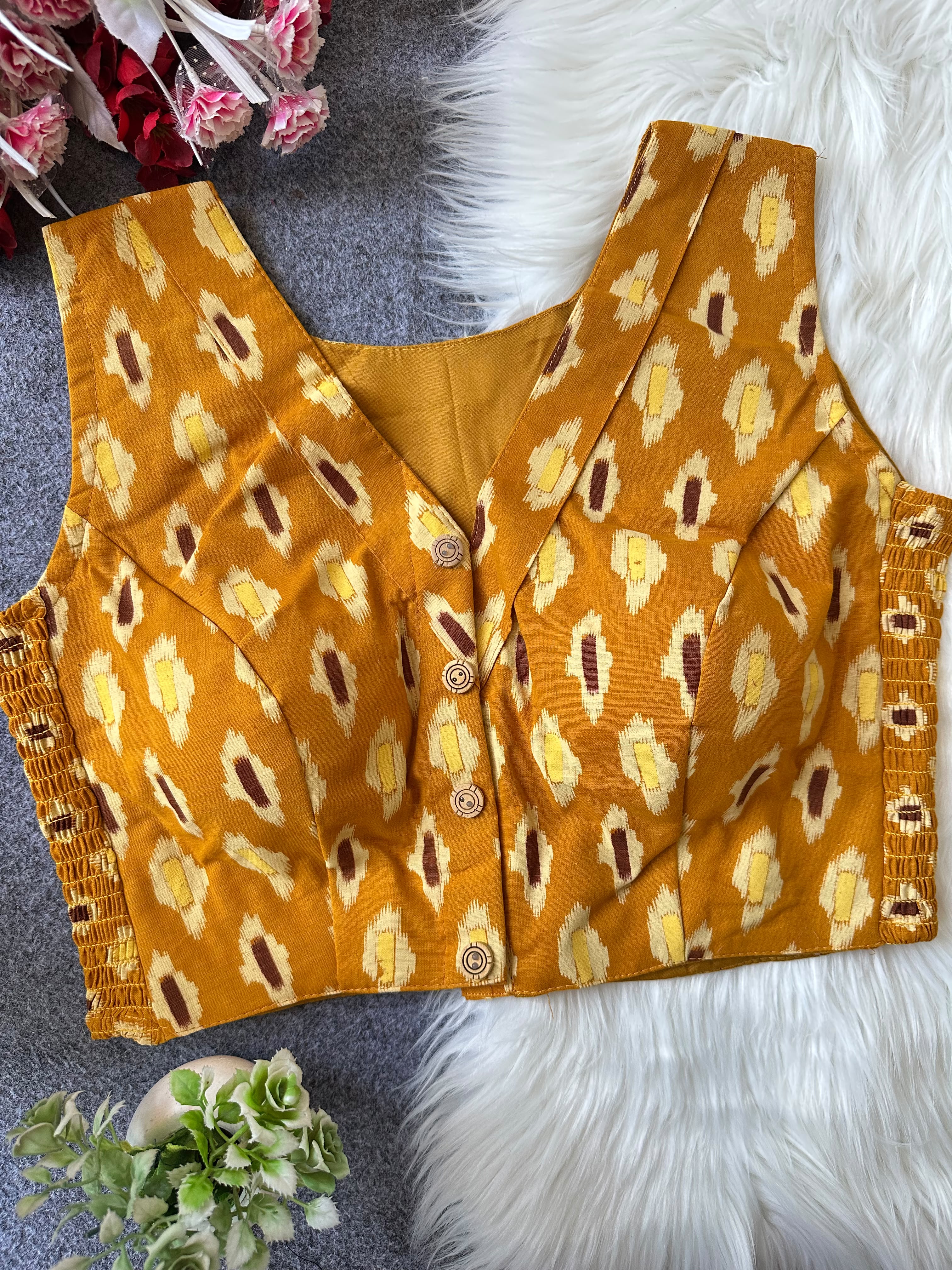 Flexi Fit Pure Ajrakh Cotton Stretchable Blouse-Yellow